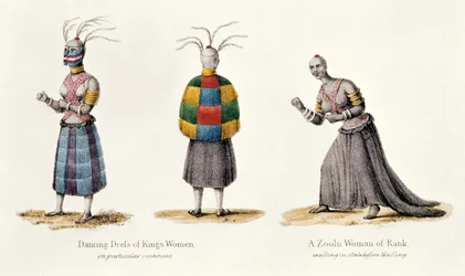 Dancing Dress of Kings Women and a Zulu Woman of Rank, illustration från Narrative of a Journey to the Zulu Country av A.F. Gardiner, 1836